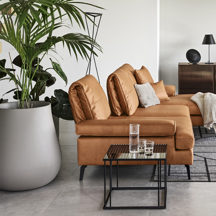 Calligaris Landa Sofa with Chaise in Cognac Leather with Black Metal Legs